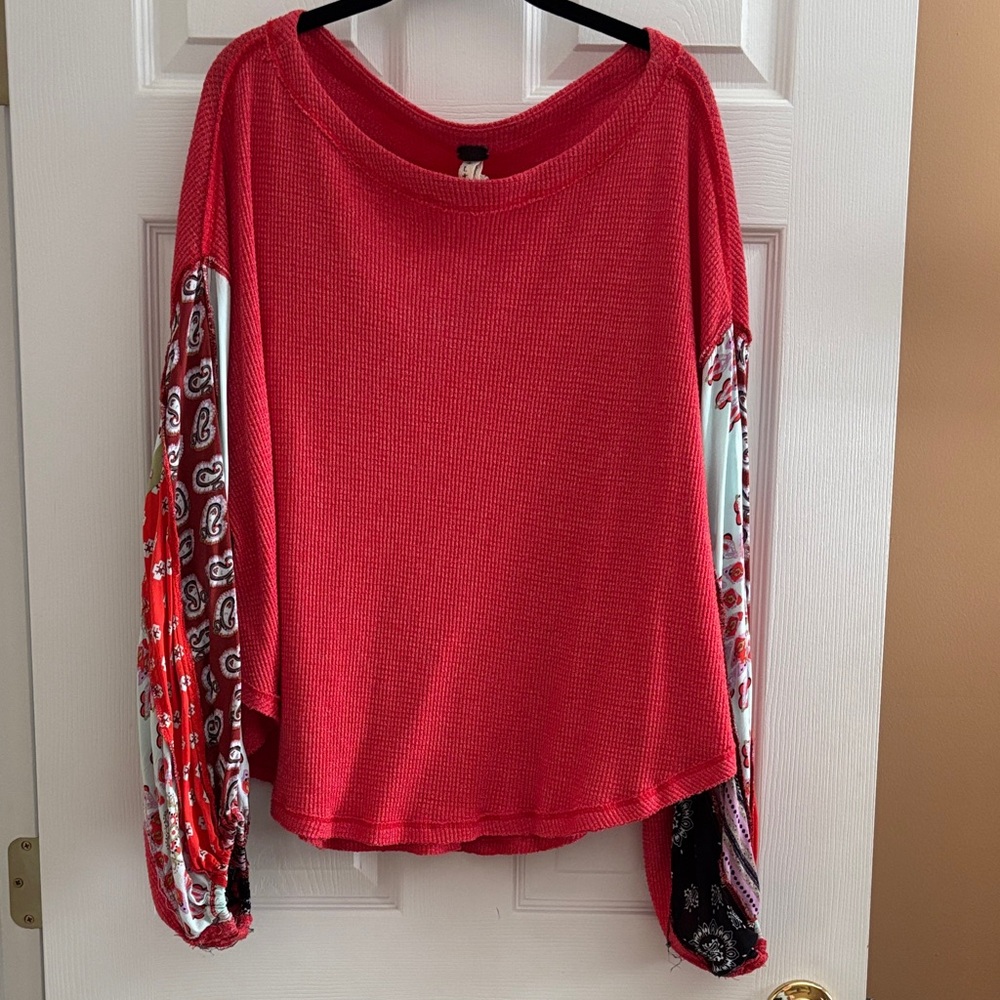 Free People Red Long Sleeve Top with Paisley Accents